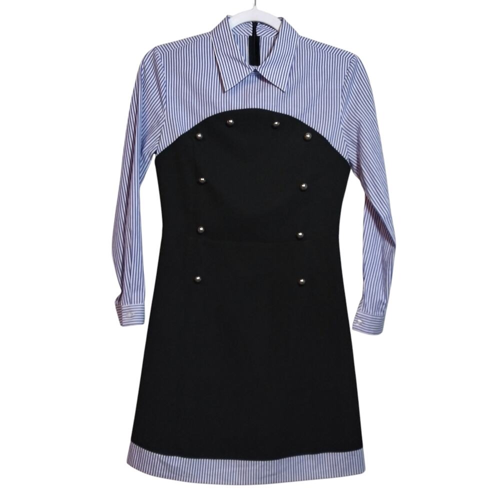 Stylewe Blue Pinstripe Long Sleeve Collared Shirt Dress Mini Size Small - Picture 2 of 12